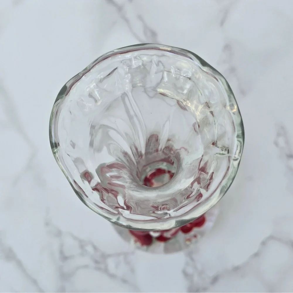 Vintage Paperweight Base Bud Vase  Art Glass Red White Flower Ruffled Rim 7.5 in